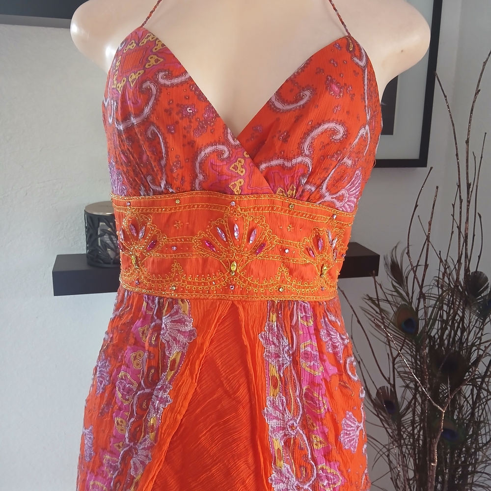 Laundry By Shelli Segal Vibrant Orange and Pink Backless Dress